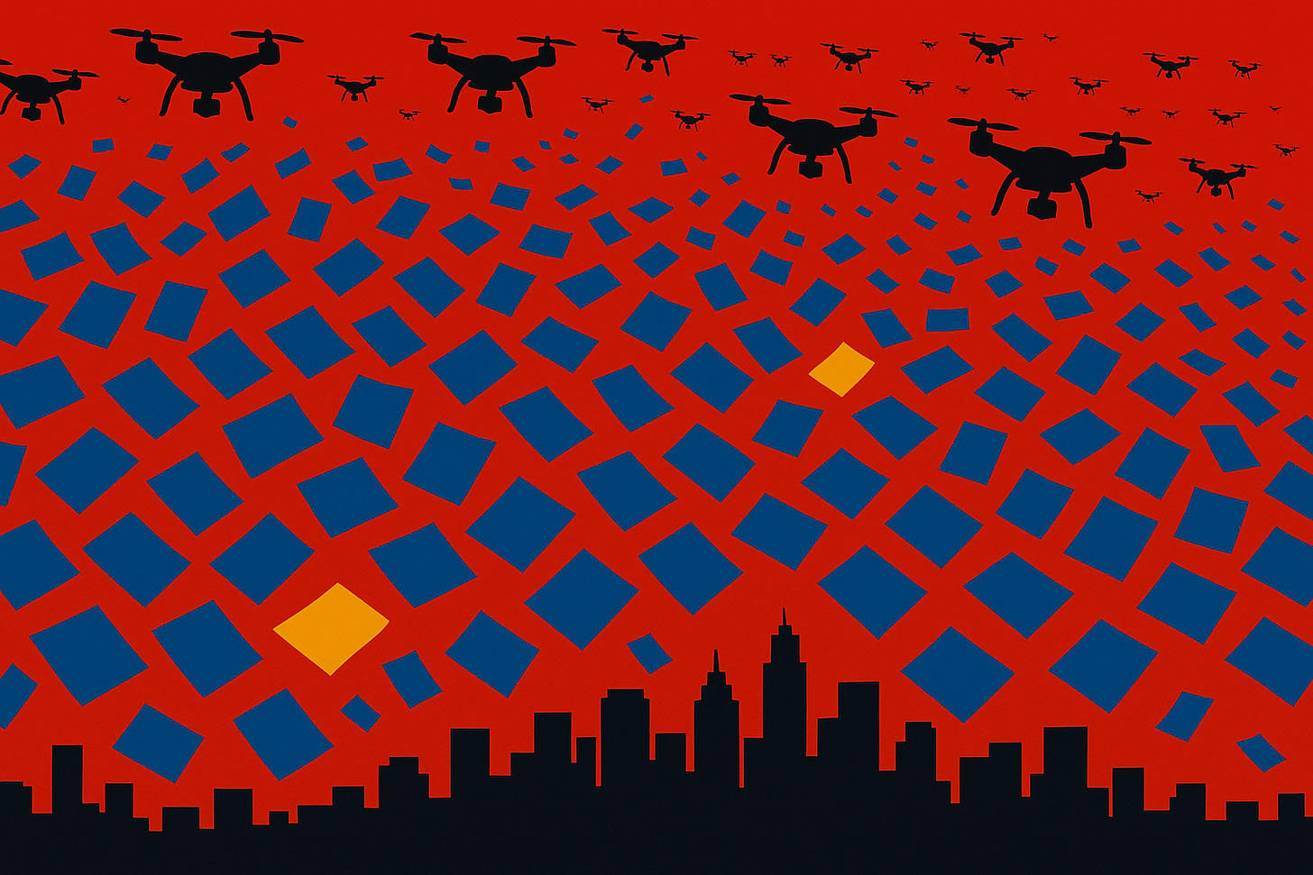 Leaflets being dropped on a city by drones