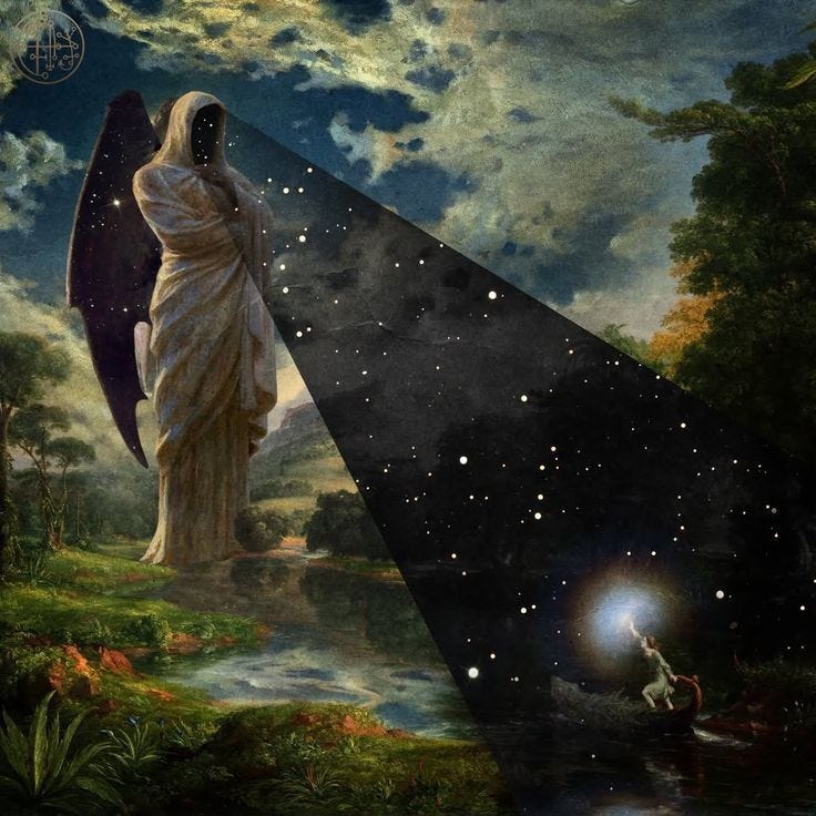 This may contain: an angel standing in the middle of a painting next to a man holding a light