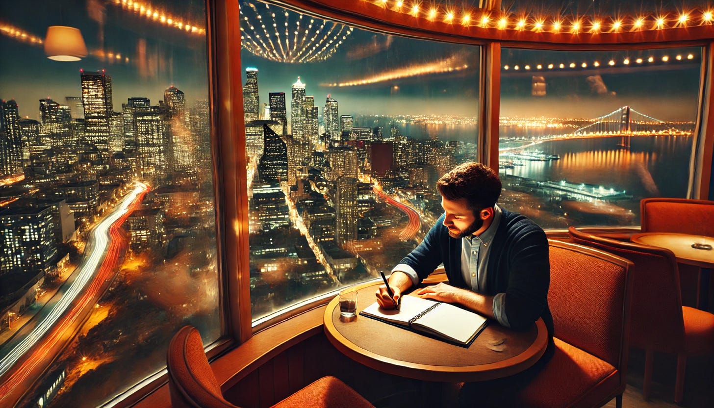 A nighttime scene inside a rotating restaurant with a view of city lights sparkling behind the large windows. A man sits by the window, writing on a notepad, focused and thoughtful. The vibrant city skyline reflects in the glass, creating a warm, urban atmosphere. The man, dressed casually, sits at a round table, pen in hand, with his notepad open in front of him. The restaurant is softly lit, with ambient lighting casting a cozy glow on the scene. The twinkling city lights outside contrast with the calm interior of the rotating restaurant.