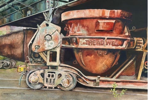 A painting of a large red container

Description automatically generated