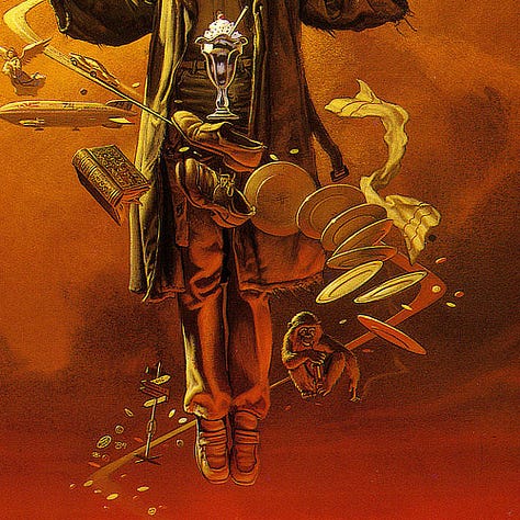 LEFT: Detail from JOB with an unkempt man shrugging as a zig zag of symbols pass around him. A glowing halo hangs above his head. CENTER: Close detail from JOB featuring symbolic detail winding around the central figure. Coins, a cross and chalice spill along the path implied by the road. Over one shoulder a trio of tiny devils hover. Over his opposite shoulder, set lower down, a cluster of penitent angels gather. One carries a blue standard, another a large cross. RIGHT: Close detail from JOB featuring symbolic detail winding around the central figure: a blimp, a book, a sundae in parfait glass, a pair of old brown shoes, a variety of plates, and a monkey smoking a cigarette. Near his feet floats a stand holding traffic signs. Among a spill of coins is the artist's sigil, the stylized letters M and W bound within a circle.