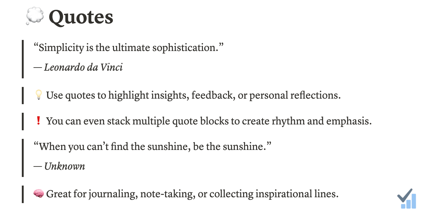 Screenshot of a Notion page showcasing multiple quote blocks with inspirational and motivational quotes, using italics and author attributions, demonstrating the effective use of quote formatting.