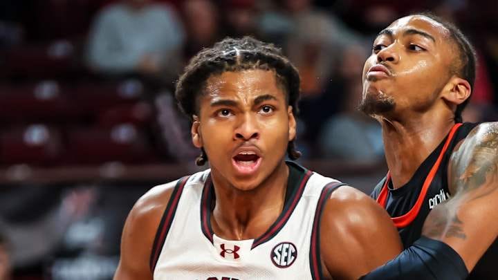 Nov 21, 2024; Columbia, South Carolina, USA; South Carolina Gamecocks forward Collin Murray-Boyles (30) is fouled by Mercer Bears forward Alex Holt (6) in the first half at Colonial Life Arena. Mandatory Credit: Jeff Blake-Imagn Images Nov 21, 2024; Columbia, South Carolina, USA; South Carolina Gamecocks forward Collin Murray-Boyles (30) is fouled by Mercer Bears forward Alex Holt (6) in the first half at Colonial Life Arena. Mandatory Credit: Jeff Blake-Imagn Images