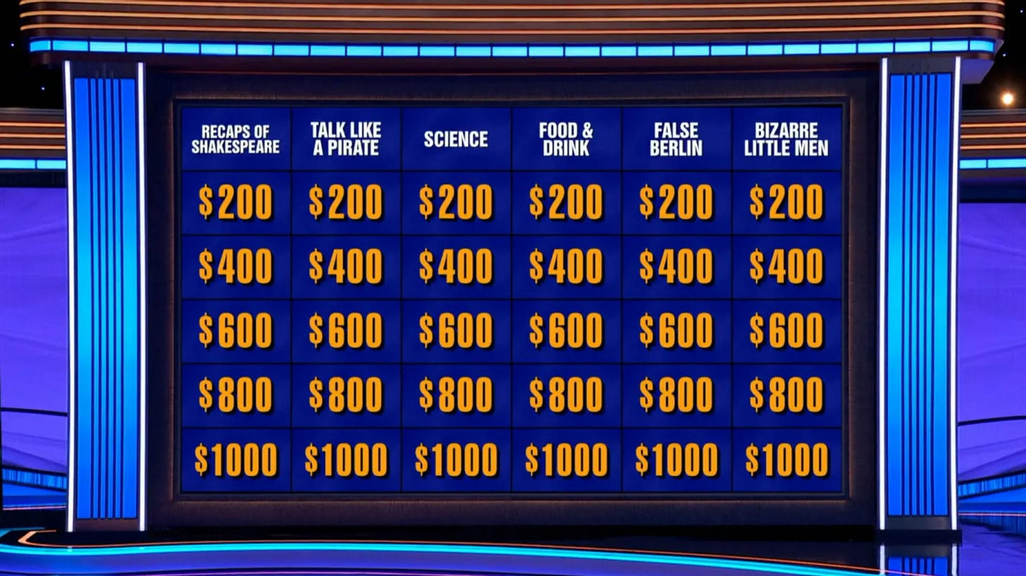 Actual Jeopardy! categories featuring FALSE BERLIN AND BIZARRE LITTLE MEN Actual Jeopardy! categories featuring FALSE BERLIN AND BIZARRE LITTLE MEN