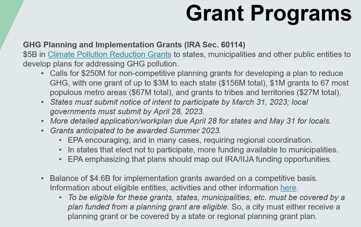 Image of a powerpoint detailing the amounts and protocols for GHG planning and implementation grants