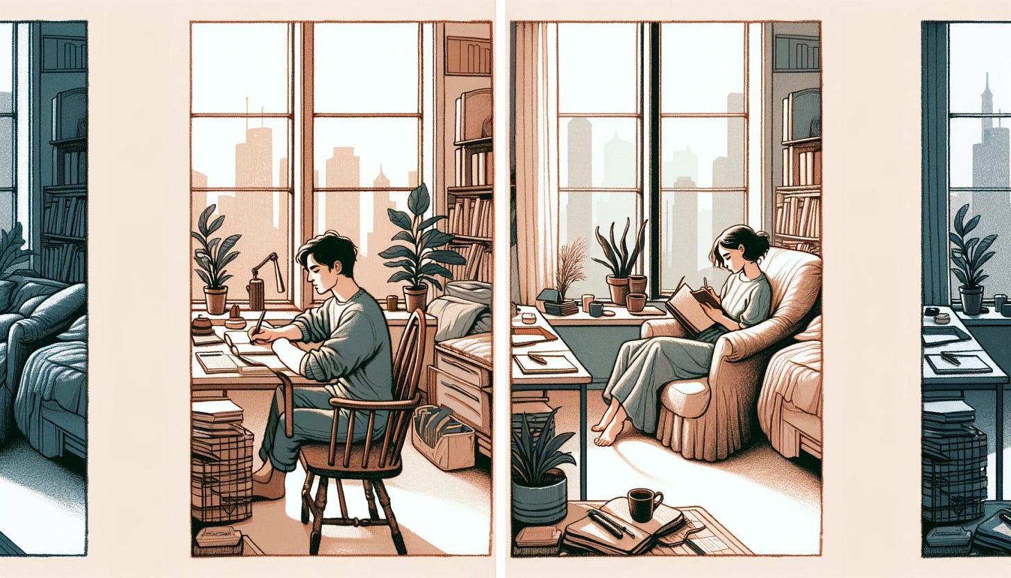 A landscape-oriented illustration in a style that matches the reference image provided, with soft lines, muted colors, and a hand-drawn feel, set indoors. The image depicts a man and a woman with ambiguous ethnic features, each in their own space within a home environment, separately engaged in the act of journaling. The man might be sitting at a desk with a journal open in front of him, pen in hand. The woman could be in a different part of the room, reclining in a cozy chair or by a window with her journal. The setting is peaceful and introspective, with indoor elements like a bookshelf, a lamp, and houseplants.