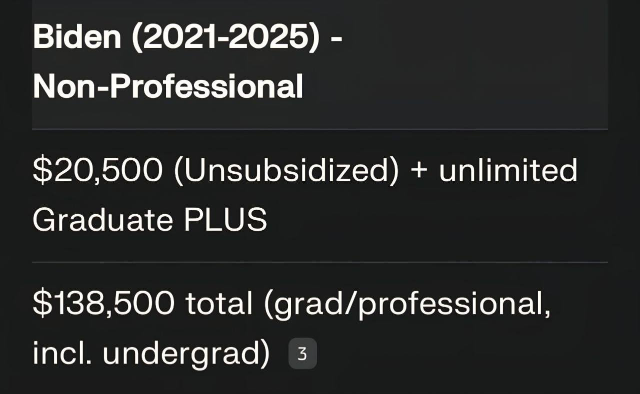 May be an image of text that says 'Biden (2021-2025)- Non-Professional $20,500 (Unsubsidized) + unlimited Graduate PLUS $138,500 total (grad/ (grad/professional, incl. undergrad) 3'