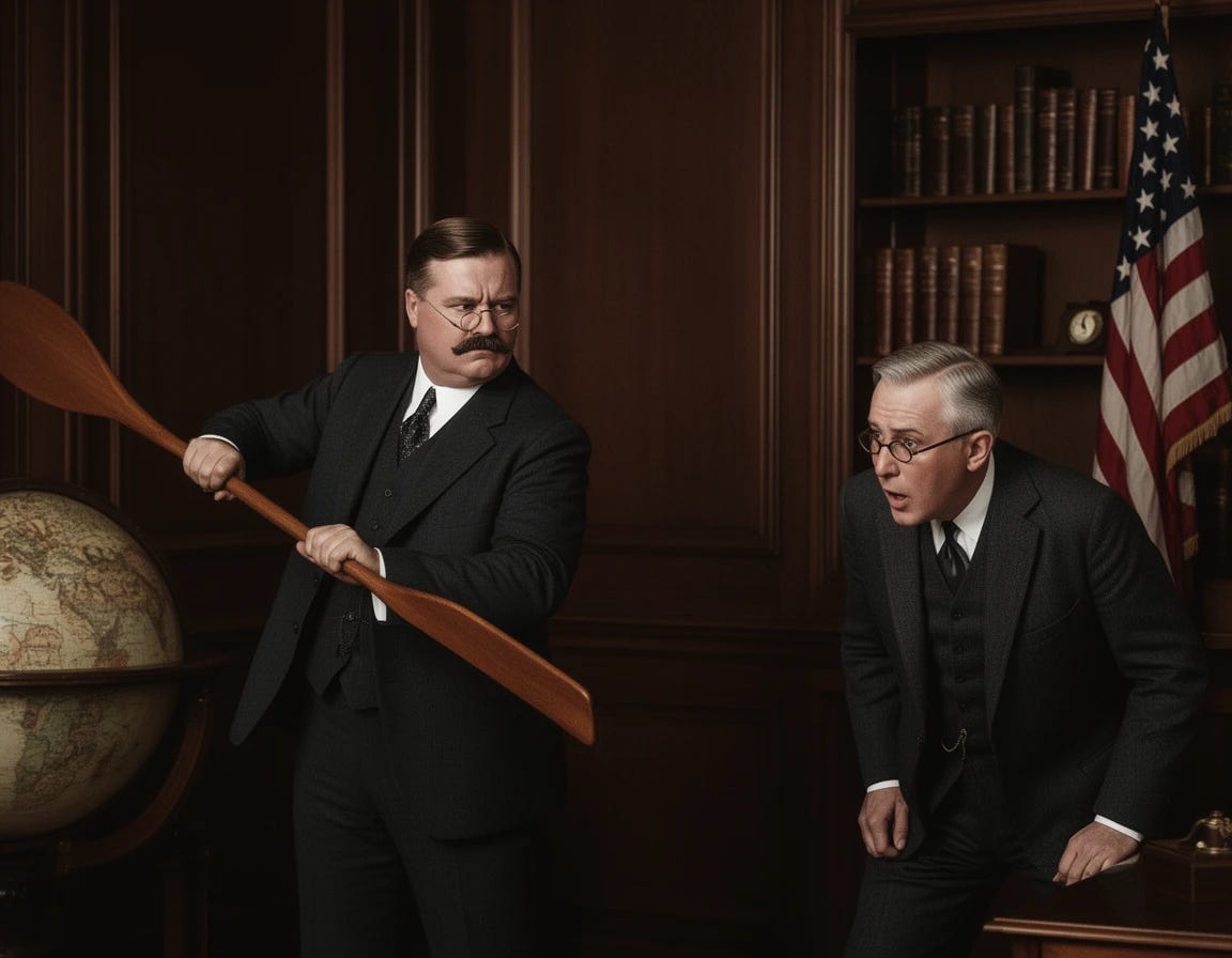 Teddy Roosevelt U.S. president spanking Woodrow Wilson U.S. president with a wooden paddle