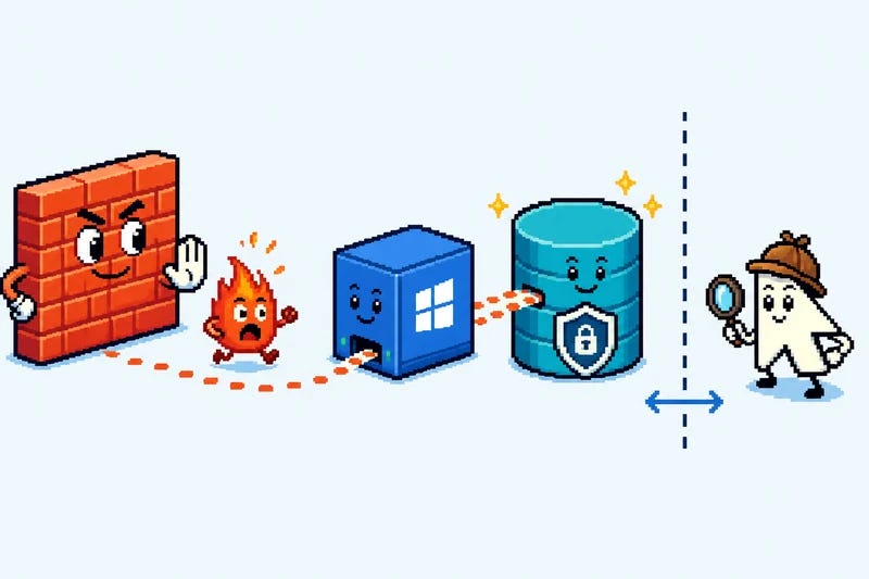 Pixel-art brick firewall, Windows collector cube, shielded SQLite drum, and a detective cursor inspecting across a dashed line Pixel-art brick firewall, Windows collector cube, shielded SQLite drum, and a detective cursor inspecting across a dashed line