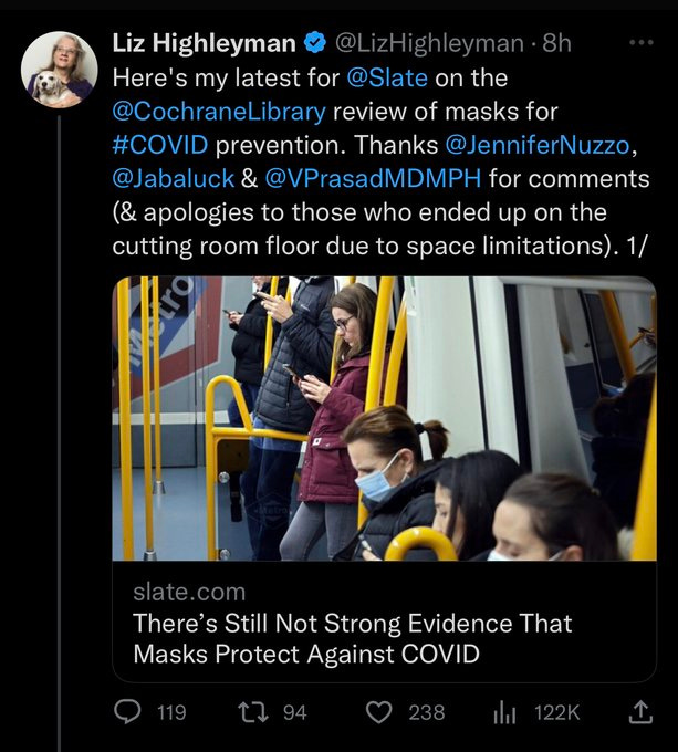 a tweet from liz highleyman linking her new article "debunking" PPE during an airborne pandemic