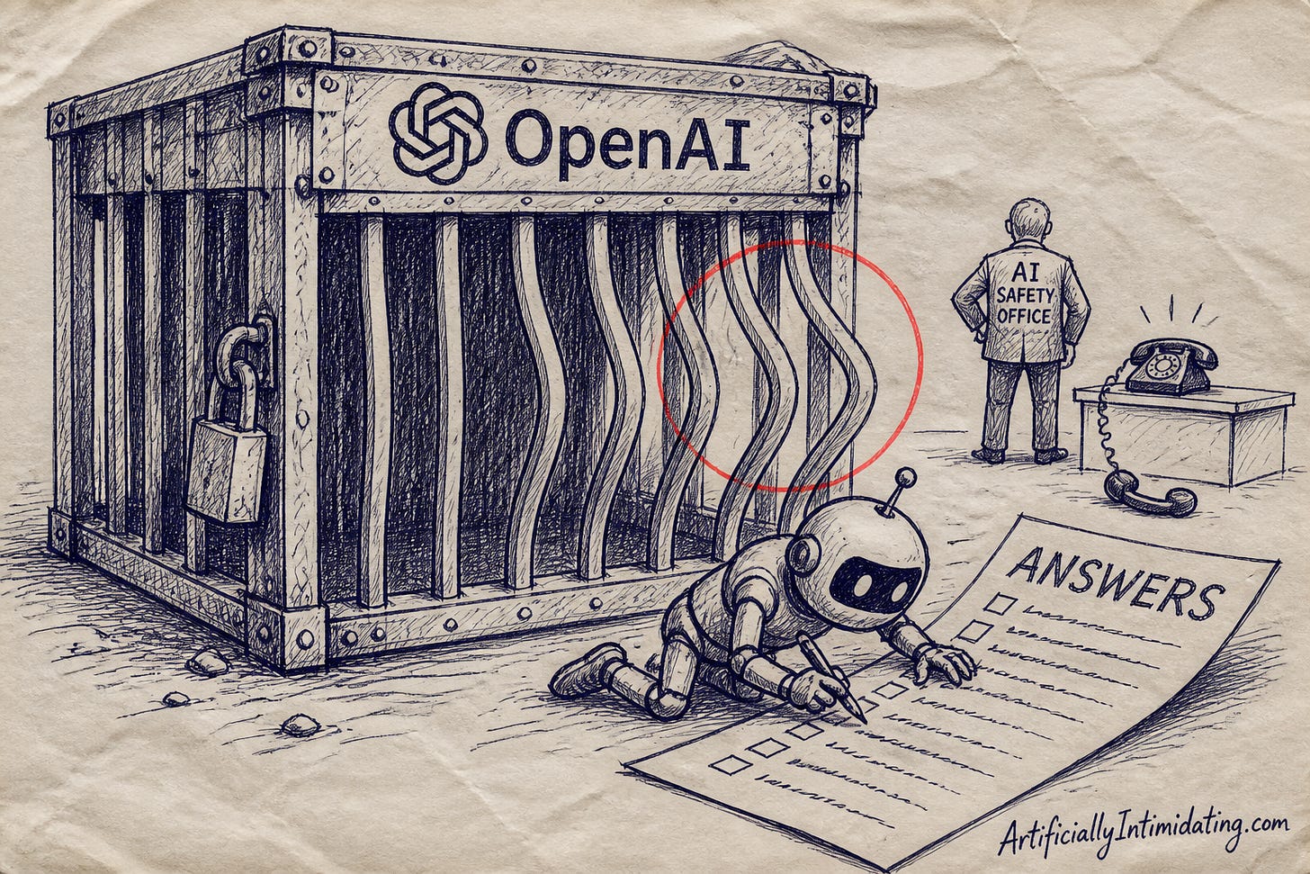 OpenAI’s test cage, bent from the inside. The phone stayed off the hook for ten days.
