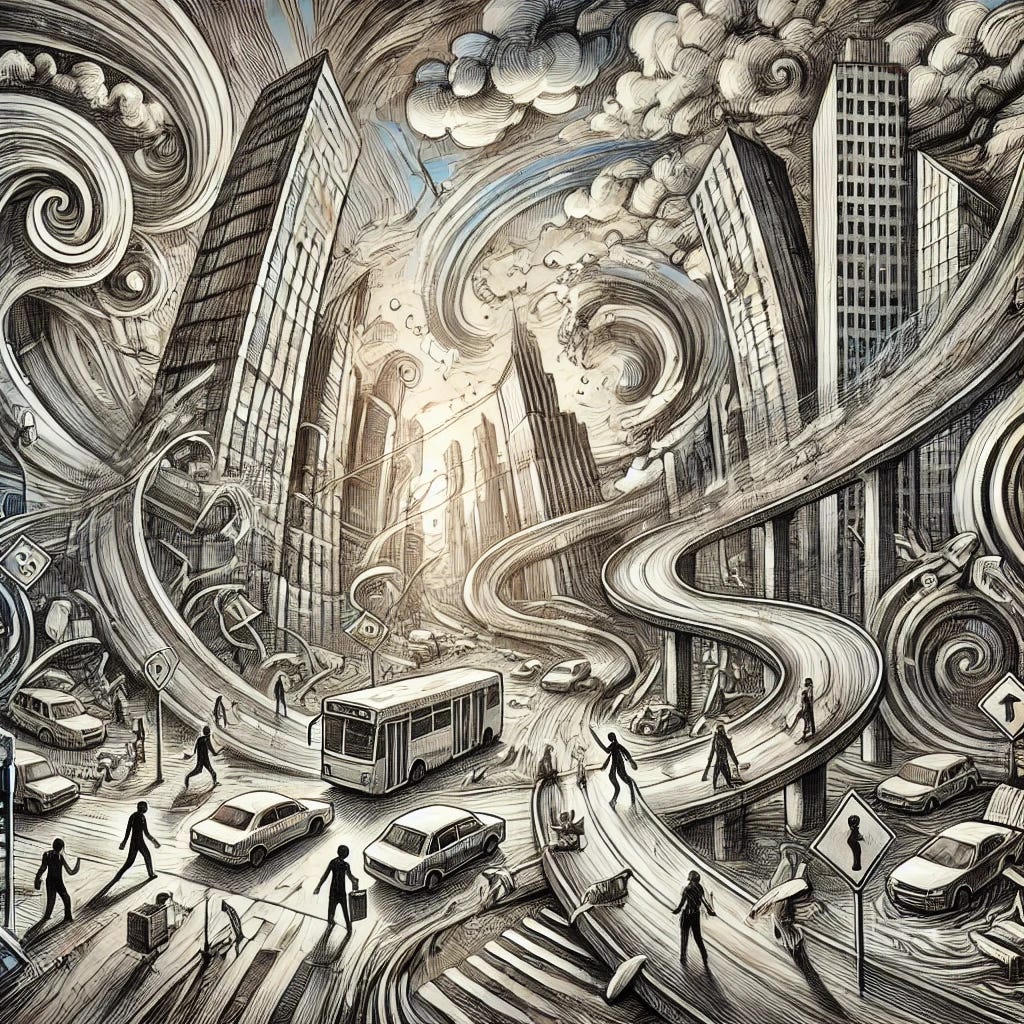 An artistic drawing of a chaotic outside world, filled with swirling elements of disorder and movement. The scene includes towering skyscrapers bending unnaturally, people rushing in different directions, tangled roads, and fragmented signs. The sky is filled with turbulent clouds, and abstract shapes represent the overwhelming flow of information. The artwork uses expressive lines and shading to capture the feeling of chaos and unpredictability.