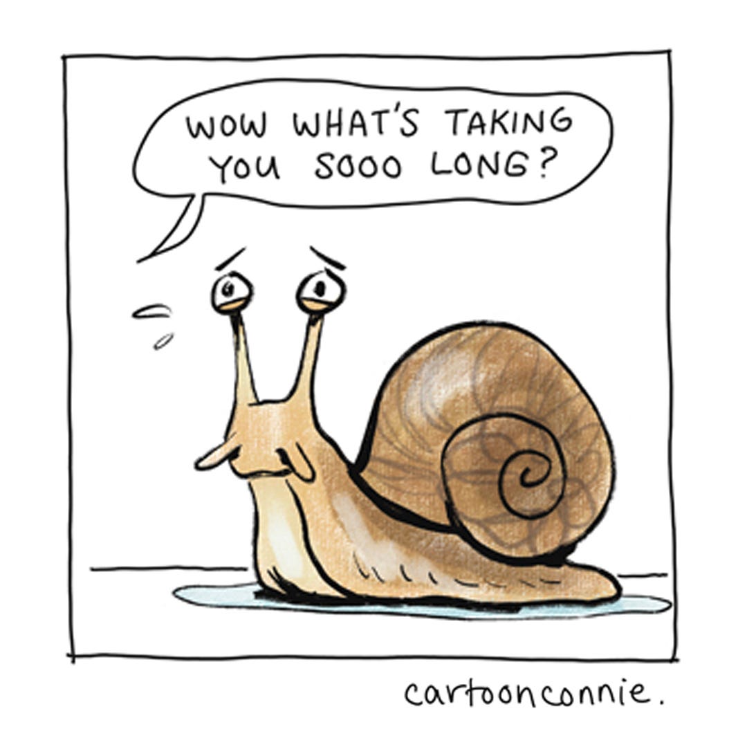 Panel 3 of a 6-panel autobio comic strip about the challenges of writing a book and how long and arduous the process can be. Titled "A Snail's Pace," 2026. Original art by Connie Sun, cartoonconnie.