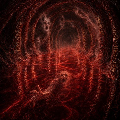 Greegan’s vision in the blood canal: a vast subterranean artery of dark crimson liquid glowing faintly with inner light. The canal’s surface ripples with inverted reflections that move upward instead of down. Mist rises from the blood, forming half‑formed faces whispering and dissolving. A pale bone‑white specter with hollow eyes reaches toward Greegan from beneath the surface. The walls pulse like living veins carved with faint golden runes. Fully original design.