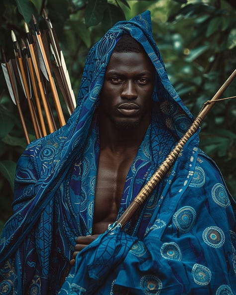 Handsome Muscular Yoruba in Blue regal robes with arrows Stalking in jungle during golden hour, editorial photography