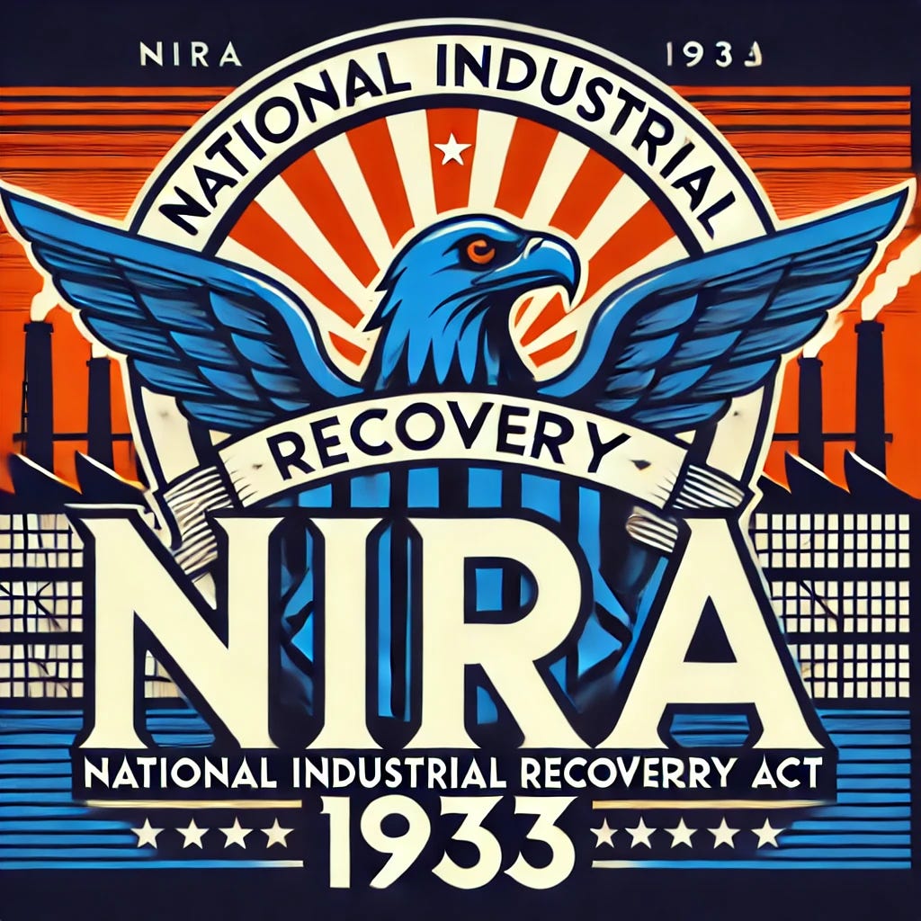A bold and striking illustration representing the National Industrial Recovery Act (NIRA) of 1933. The image should prominently feature the Blue Eagle emblem in the center, with strong, vivid colors to make it stand out. The words 'NIRA 1933' should be clearly displayed beneath the emblem in a bold font. The background should include a more distinct and slightly more detailed factory silhouette, with strong contrasts to emphasize the industrial recovery theme. The overall design should be simple but powerful, making the emblem and text stand out prominently.