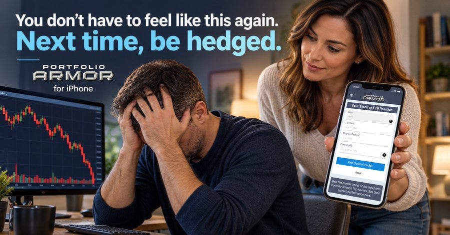 Next time, be hedged. Campaign illustration of an investor beside a falling stock chart and the Portfolio Armor iPhone app. Next time, be hedged. Campaign illustration of an investor beside a falling stock chart and the Portfolio Armor iPhone app.