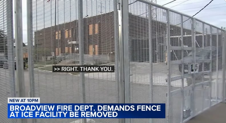 Still of ABC7 Chicago coverage showing the fence and with the banner reading "Broadview Fire Dept. Demands Fence at ICE Facility Be Removed"