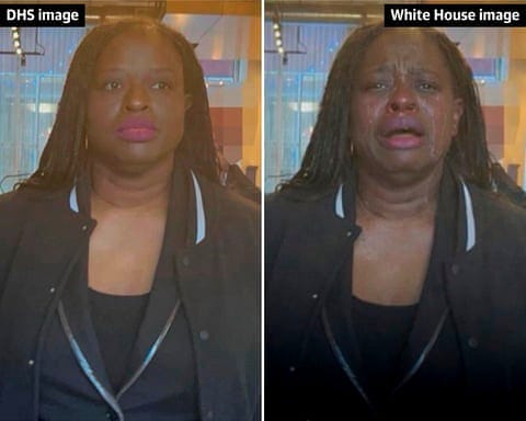 A composite showing an image of Nekima Levy Armstrong posted by Kristi Noem, left, and a manipulated image of her posted by the White House, right. A composite showing an image of Nekima Levy Armstrong posted by Kristi Noem, left, and a manipulated image of her posted by the White House, right.