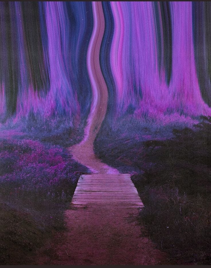 This may contain: a painting of a path going through a forest with purple and blue trees in the background