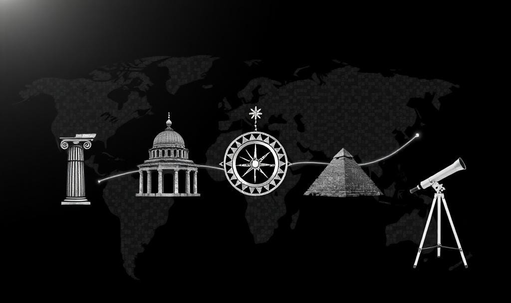 Global philosophical mosaic, connected by reason: Symbols of ancient, medieval, and modern traditions confirming objective reality.