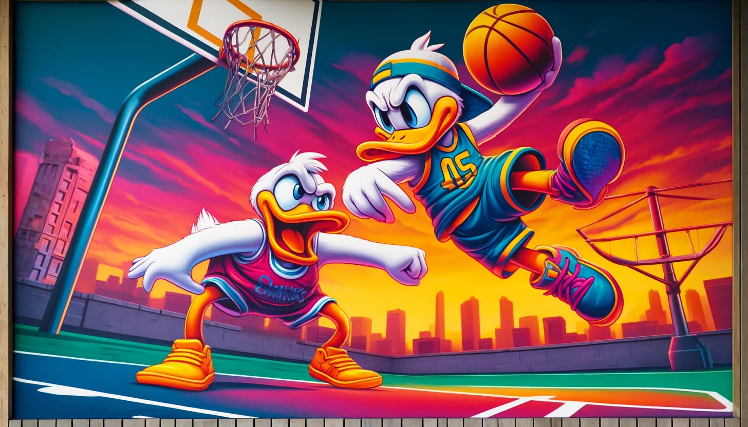 A colorful scene of two cartoon ducks playing basketball on an outdoor street court. One duck is not wearing a jersey and is trying to defend the hoop with an intense expression. The other duck, wearing a basketball jersey, is in midair holding the basketball and going for a powerful dunk. The court is surrounded by a cityscape in the background with vibrant colors, giving a playful and dynamic atmosphere.