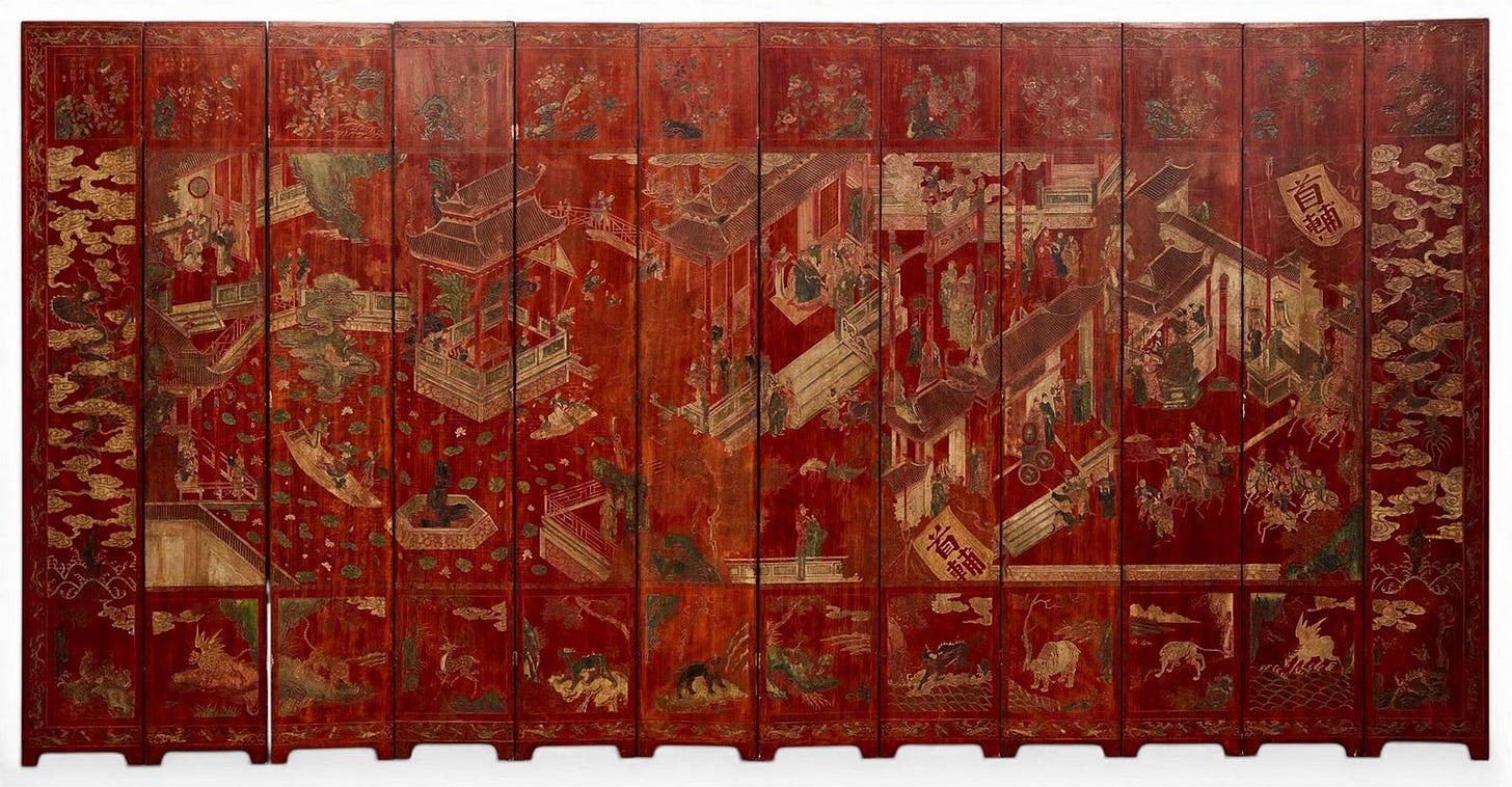 A twelve panel Chinese brown coromandel lacquer floor screen, 17th/18th century or later ??