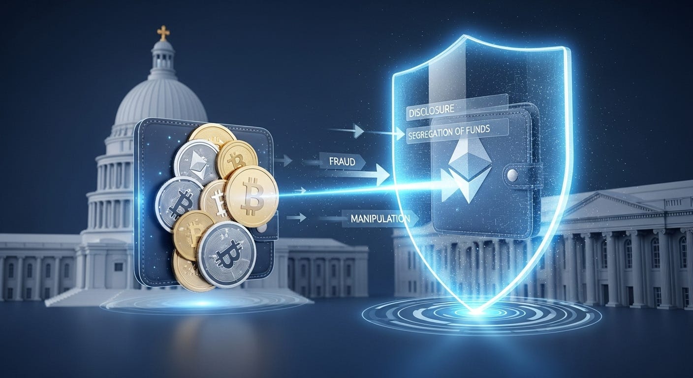 A glowing blue shield labeled "Disclosure" and "Segregation of Funds" protects a digital wallet from arrows labeled "Fraud" and "Manipulation," with the U.S. Capitol building in the background.