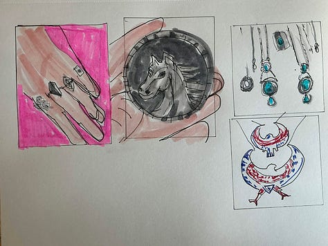 Photos des dessins que Merrill a fait aux feutres pendant la session. Elle a dessiné un petit cadre pour chaque.