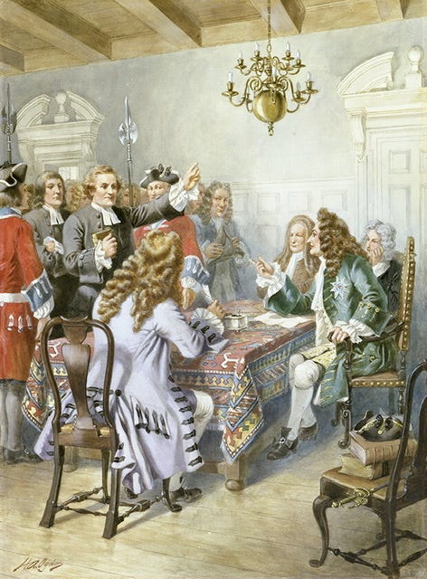 Francis Makemie (b. 1658 d. 1708) standing before Lord Cornbury in the fight for religious liberty.