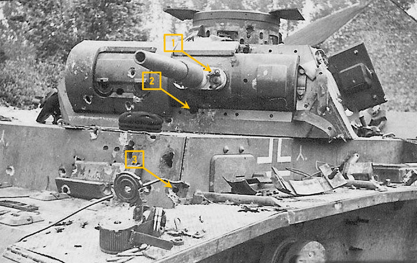 The first photo, with 3 yellow arrows added to highlight 3 specific areas of damage described in the text.