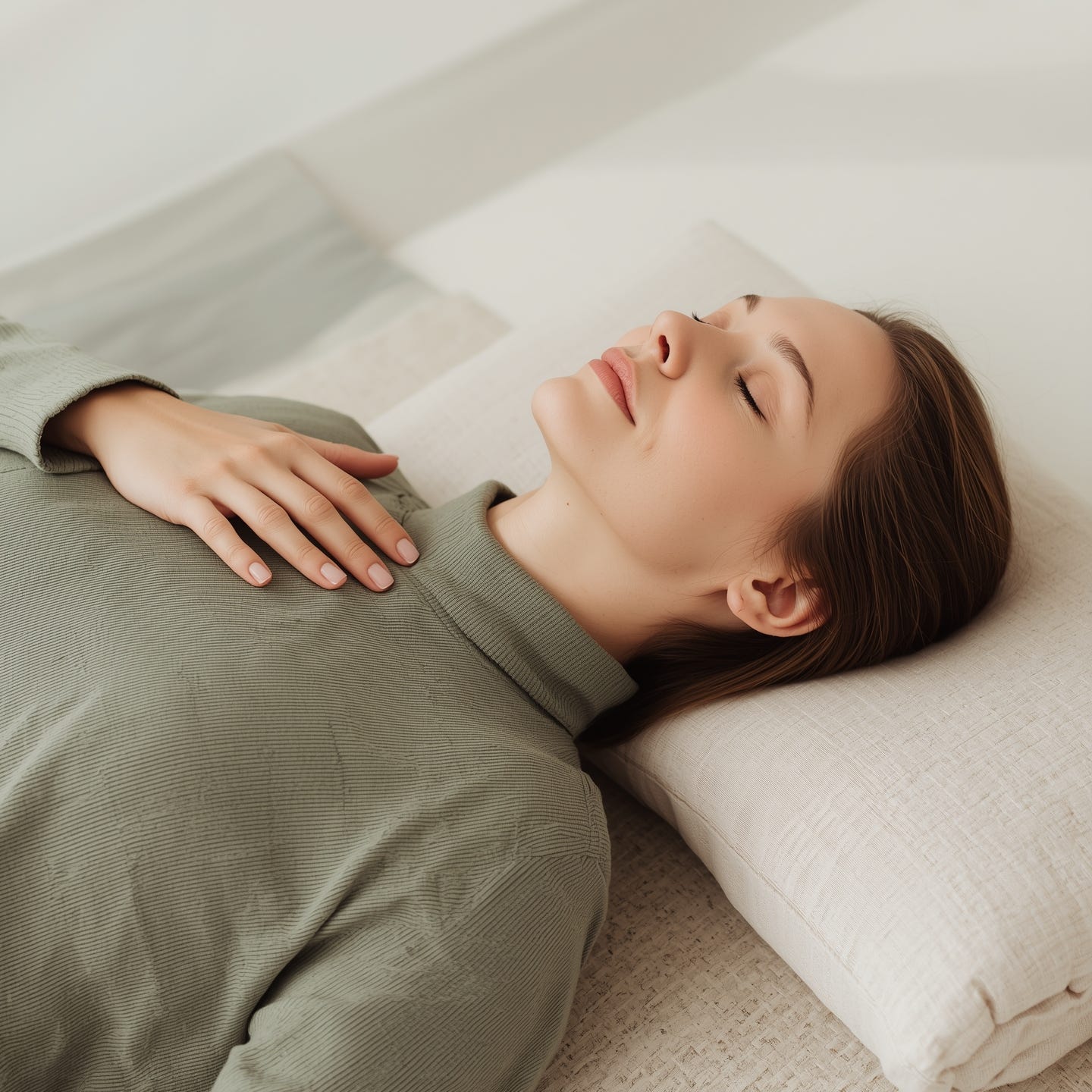 Femme allongée en relaxation profonde, yeux fermés, dans un environnement calme et lumineux aux tons naturels, illustrant une pratique de méditation guidée axée sur le relâchement corporel.
