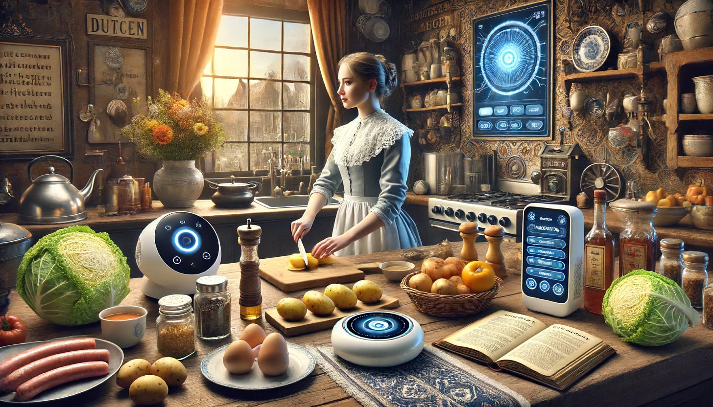 Create an image that combines elements of traditional Dutch cuisine with modern AI technology. The scene could feature a traditional Dutch kitchen with old-fashioned cooking tools and ingredients like potatoes, cabbage, and sausages, alongside futuristic AI devices assisting in the cooking process. The background should include elements reminiscent of the Dutch Golden Age, such as spice jars and a recipe book from the 1600s, contrasting with sleek, modern AI interfaces. Include a young woman, representing a modern chef, using both traditional and AI tools to prepare a meal.