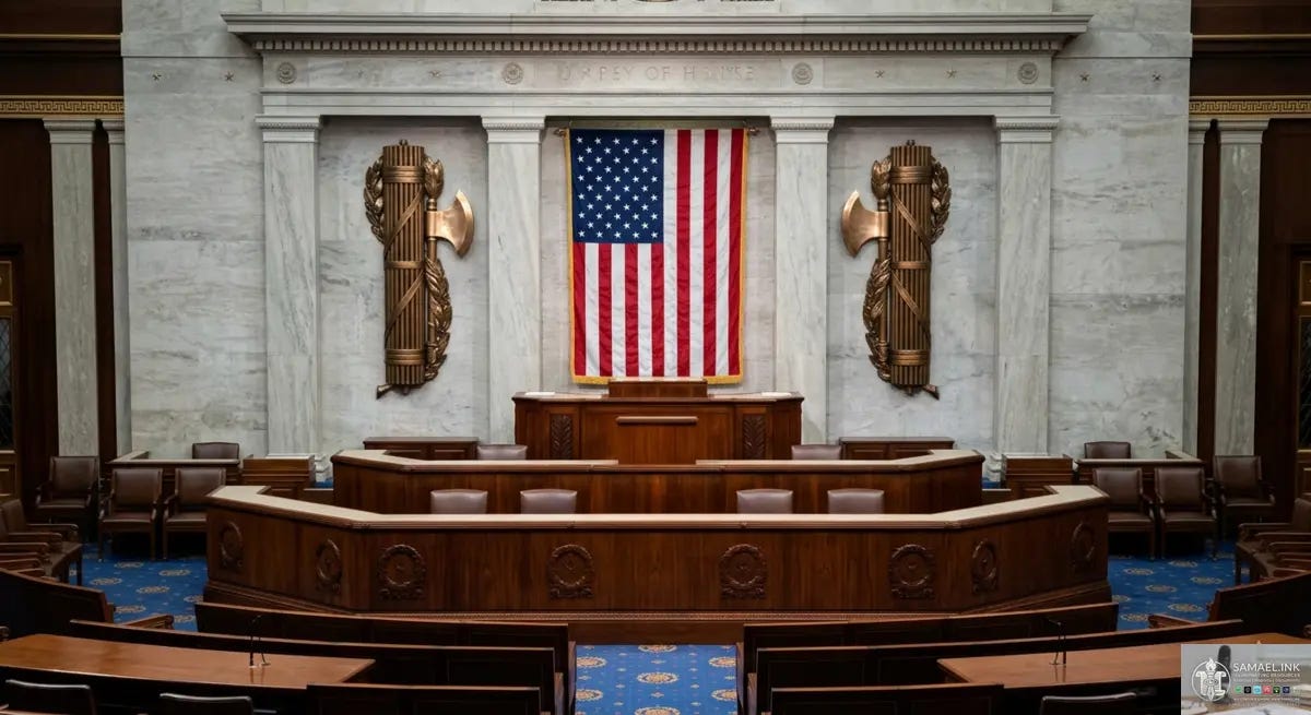 A high-angle interior photograph of the U.S. House of Representatives rostrum. At the center is a large American flag hanging against a white marble wall. To the left and right of the flag are two large, vertical bronze sculptures of fasces—bundles of wooden rods bound together with a protruding axe blade. In the foreground are the tiered wooden desks of the Speaker's dais and the blue-carpeted floor of the House chamber. A high-angle interior photograph of the U.S. House of Representatives rostrum. At the center is a large American flag hanging against a white marble wall. To the left and right of the flag are two large, vertical bronze sculptures of fasces—bundles of wooden rods bound together with a protruding axe blade. In the foreground are the tiered wooden desks of the Speaker's dais and the blue-carpeted floor of the House chamber.
