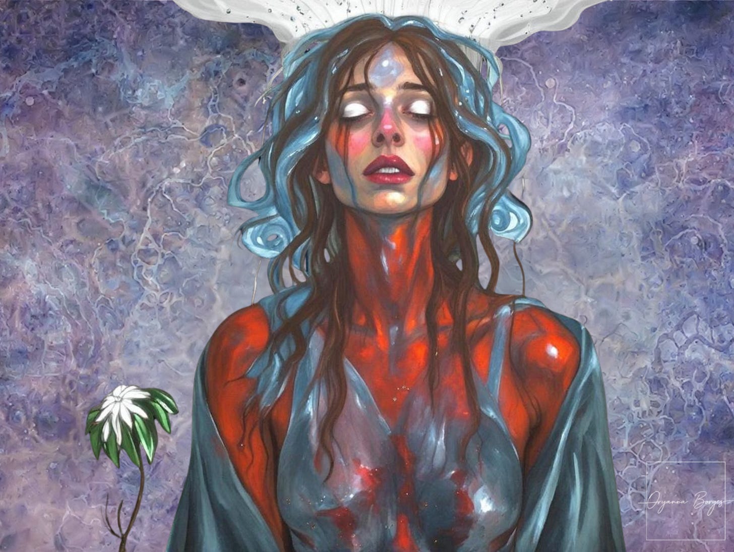 Mulher de pele escarlate e vestes cinza azuladas chora de olhos fechados . Seu queixo elevado para o alto e os olhos fechados denotam porfunda devoção. De seu rosto esorrem manchas vermelhas e azuldas. Suas palpebras são brancas. Se cabelo é um grafismo de cinza e castanhosdfaem pose de profunda introsopeçe