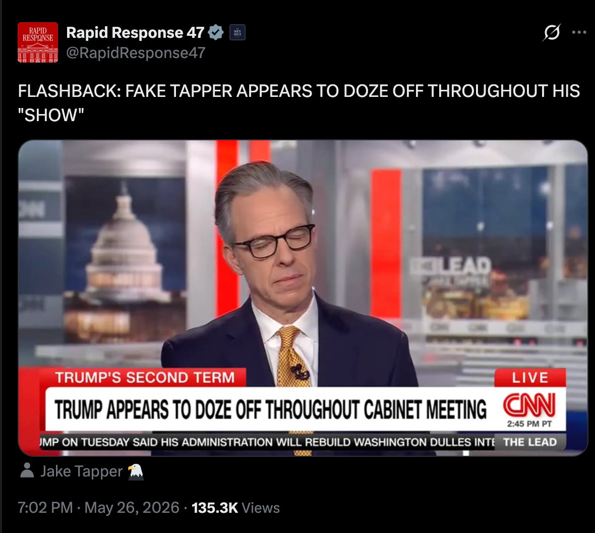 Rapid Response 47: FLASHBACK: FAKE TAPPER APPEARS TO DOZE OFF THROUGHOUT HIS "SHOW" Rapid Response 47: FLASHBACK: FAKE TAPPER APPEARS TO DOZE OFF THROUGHOUT HIS "SHOW"