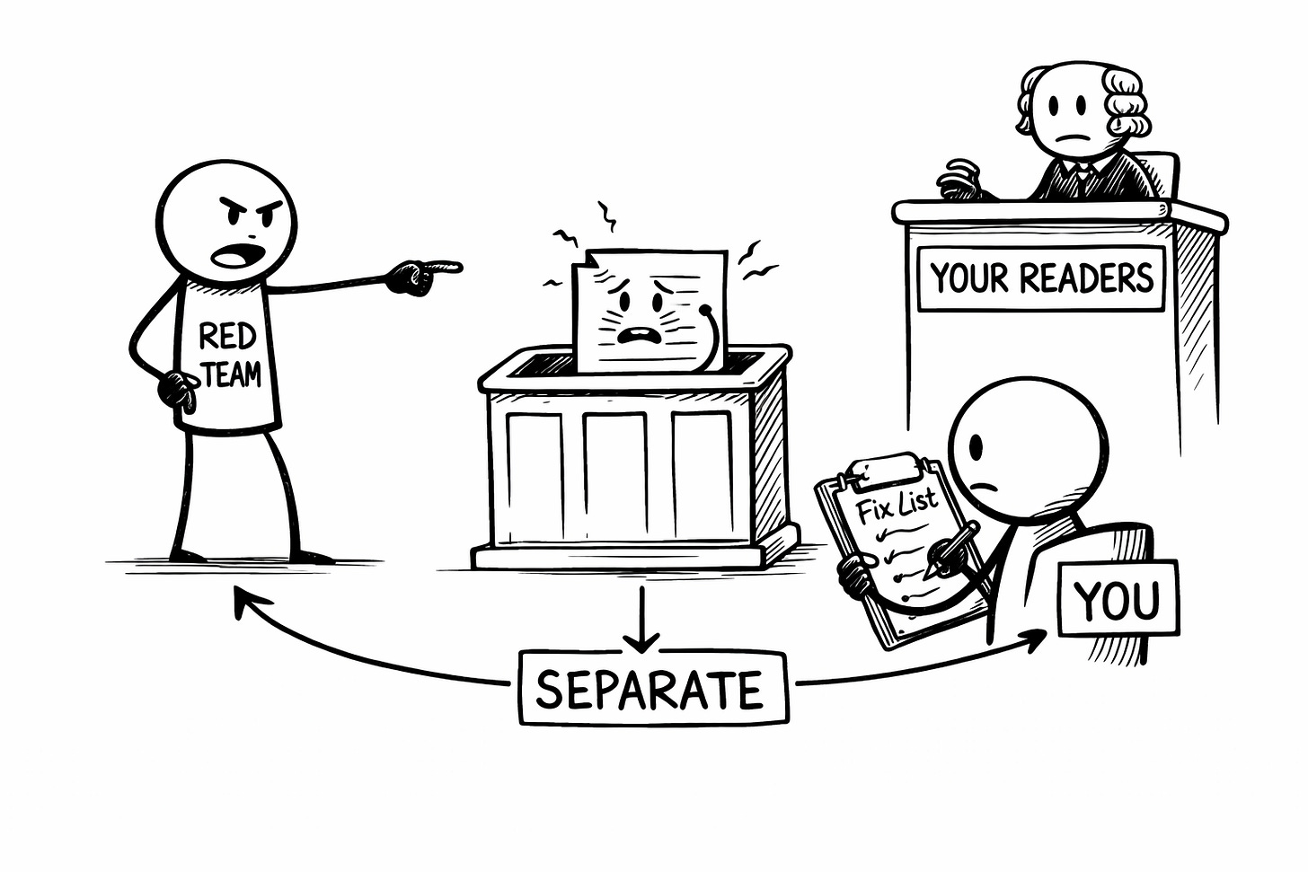 Black-and-white hand-drawn courtroom sketch showing an AI red team workflow for content editing: an angry stick figure labeled 'Red Team' points accusingly at a nervous sweating document on the witness stand, while a stick figure labeled 'You' takes notes on a 'Fix List' clipboard, and a judge in a wig labeled 'Your Readers' watches from the bench. An arrow labeled 'SEPARATE' emphasizes keeping the red team and writing processes apart. Black-and-white hand-drawn courtroom sketch showing an AI red team workflow for content editing: an angry stick figure labeled 'Red Team' points accusingly at a nervous sweating document on the witness stand, while a stick figure labeled 'You' takes notes on a 'Fix List' clipboard, and a judge in a wig labeled 'Your Readers' watches from the bench. An arrow labeled 'SEPARATE' emphasizes keeping the red team and writing processes apart.