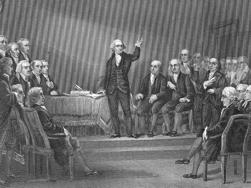 George Washington presides over the Constitutional Convention, Philadelphia, Pennsylvania, May 25 - September 17, 1787. (Philadelphia Convention) George Washington presides over the Constitutional Convention, Philadelphia, Pennsylvania, May 25 - September 17, 1787. (Philadelphia Convention)