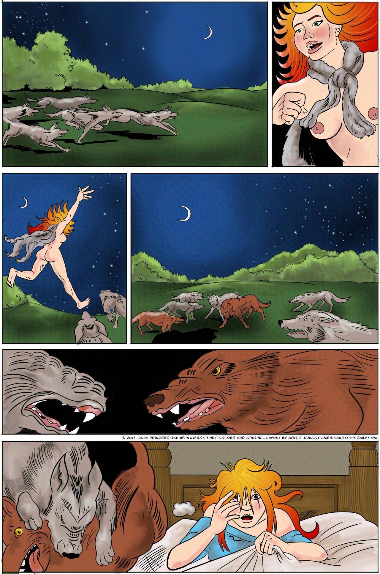 Dream sequence in which Krakatoa, naked except for a wolf skin tied around her neck, runs with a pack of wolves.  Their playful behavior turns sour and a fight breaks out.  Krakatoa awakens.