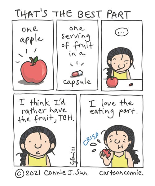 Sketchbook comic strip about taking supplements versus eating actual food, by Connie Sun, cartoonconnie