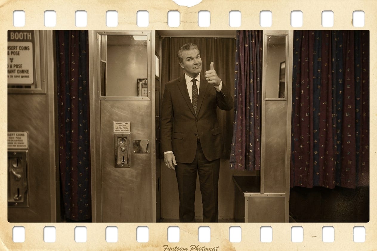 PENTAGON, FURIOUS OVER UNFLATTERING PRESS PHOTOS, GIVES HEGSETH FULL CONTROL OF HIS OWN IMAGE BY SEATING HIM ALONE IN AUTOMATED PHOTO BOOTH