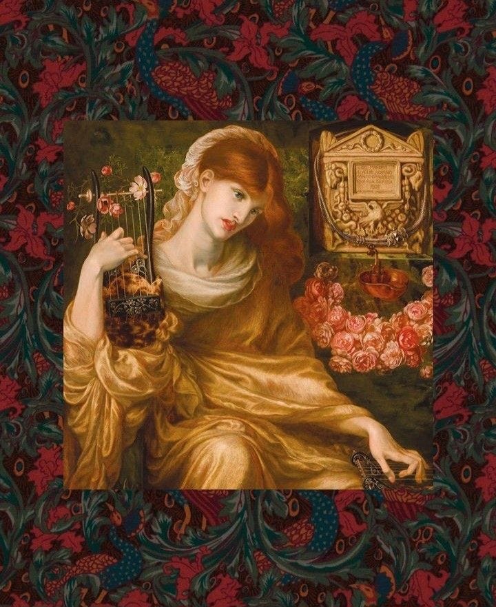 This may contain: a painting of a woman holding a vase with flowers on it and an ornate frame around her