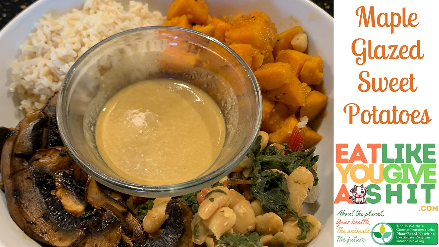 A white bowl with brown rice, sweet potatoes, white beans with kale, and marinated mushrooms with a yellow dressing in the center