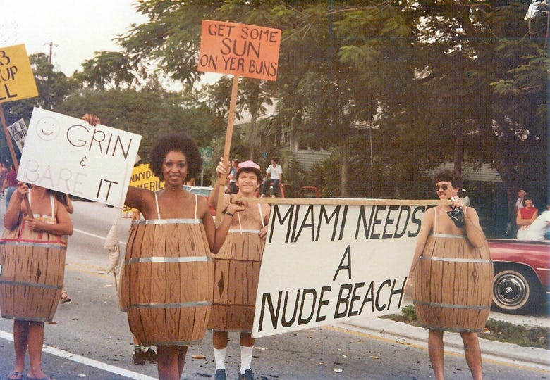 Shirley Mason and members of South Florida Free Beaches in the 1983 King Mango Strut Parade  