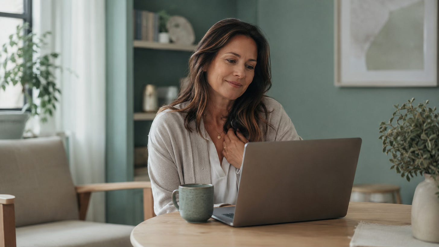 Woman quietly receiving kind feedback, symbolizing learning to let praise land.