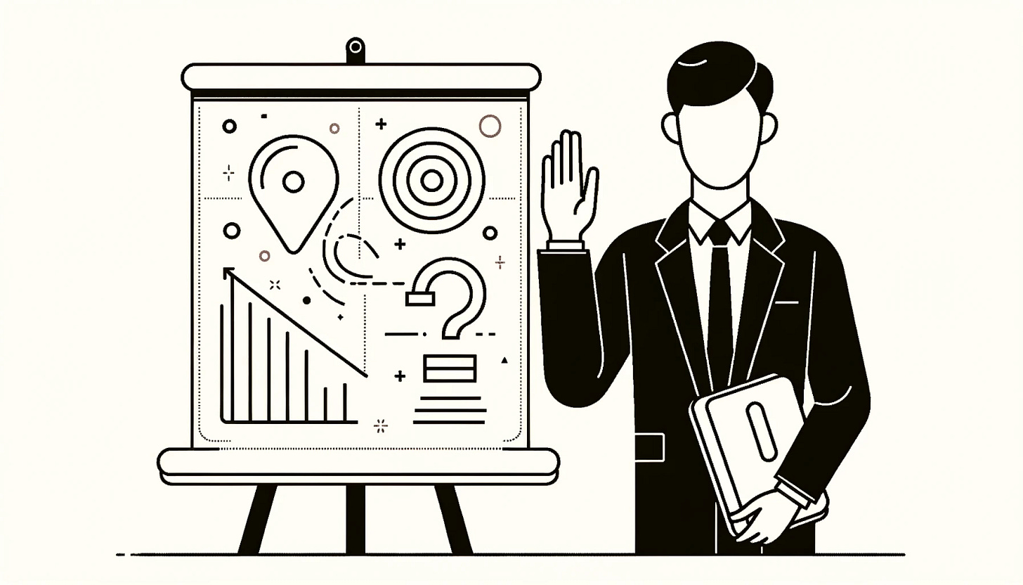 Vector illustration in a minimalist style showcasing a professional individual next to a simplistic whiteboard with abstract symbols. A beginner with a stylized notebook listens closely, with clean lines emphasizing their attentive posture.