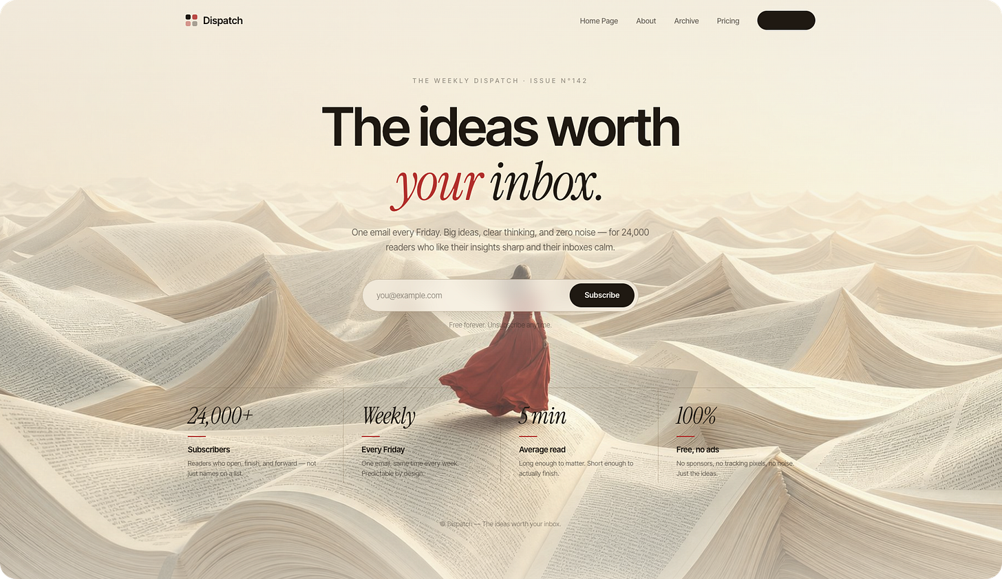 Surreal Literary Editorial website hero section built with Kimi 3, featuring an expansive dreamlike landscape made from giant open books whose pages form rolling hills, ridges, and valleys across the entire composition. A small human figure wearing a flowing red dress walks through the oversized book landscape, creating a strong visual metaphor for entering a world of ideas and reading. The interface uses warm ivory and parchment tones, black typography, and deep red accents, with a large editorial headline reading “The ideas worth your inbox,” modern sans serif type paired with expressive italic serif lettering, minimalist navigation, a centered newsletter subscription field, and a lower statistics section showing subscriber count, weekly publishing cadence, average reading time, and ad-free status. The design combines surrealism, literary editorial design, conceptual landscape art, luxury minimalism, cinematic scale, book-inspired imagery, and magazine typography to create a distinctive Kimi 3-generated newsletter landing page.