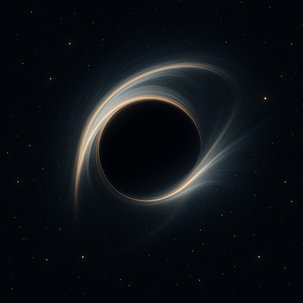 A hyper-realistic black hole suspended in deep space, its event horizon framed by a luminous, distorted halo of light being pulled into its gravity. The surrounding stars appear subtly bent, highlighting the black hole’s immense warping of spacetime.