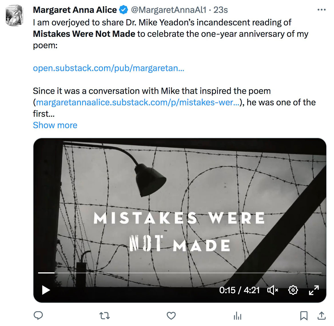 Margaret Anna Alice Tweet about Mistakes Were NOT Made Video Featuring Dr. Mike Yeadon