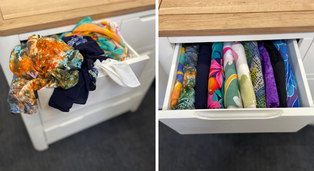 Two pictures - one of scarves in a drawer, and one of the same drawers folded up neatly Two pictures - one of scarves in a drawer, and one of the same drawers folded up neatly